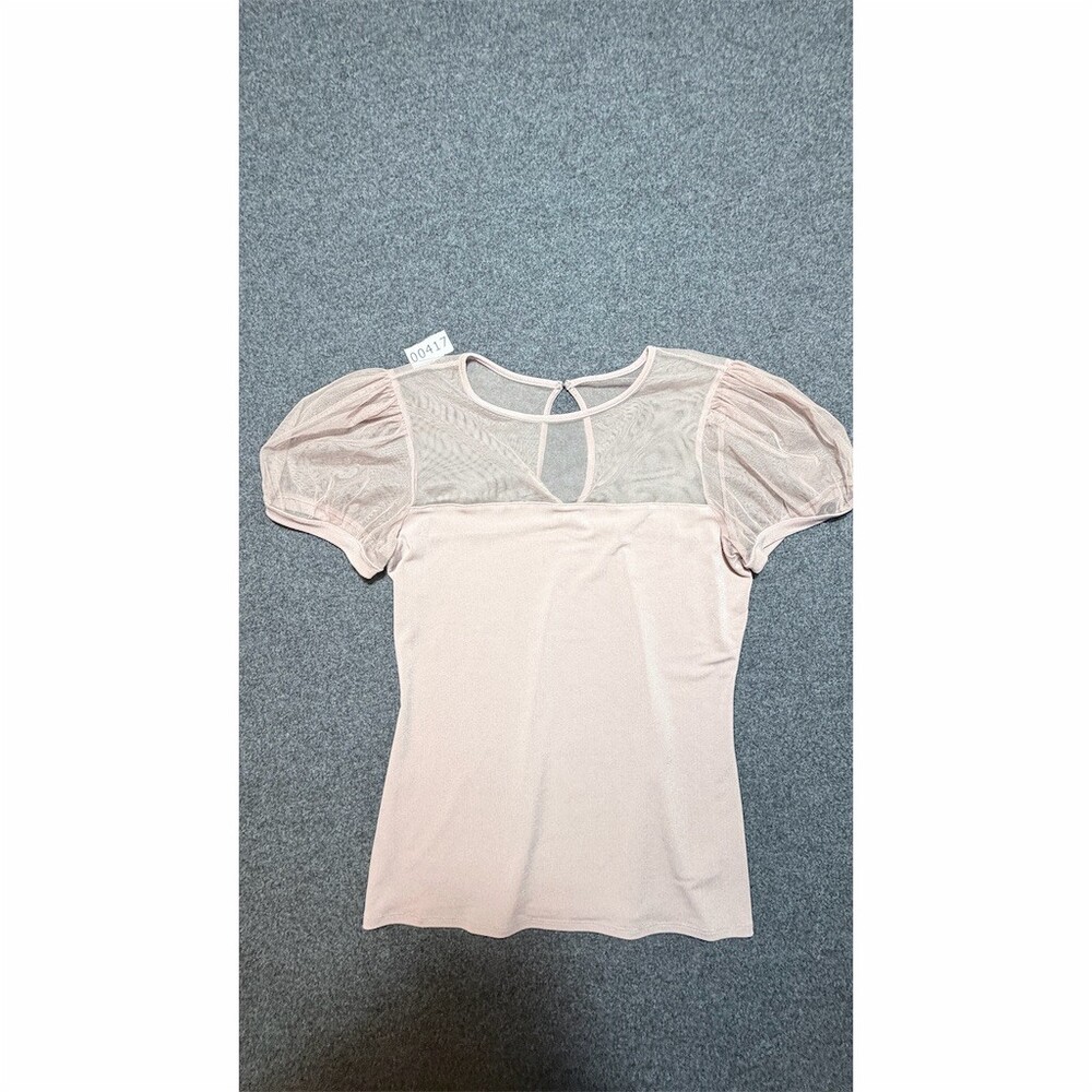 Express Blouse Womens Size L Blush Pink Sheer Mesh Yoke Puff Sleeve